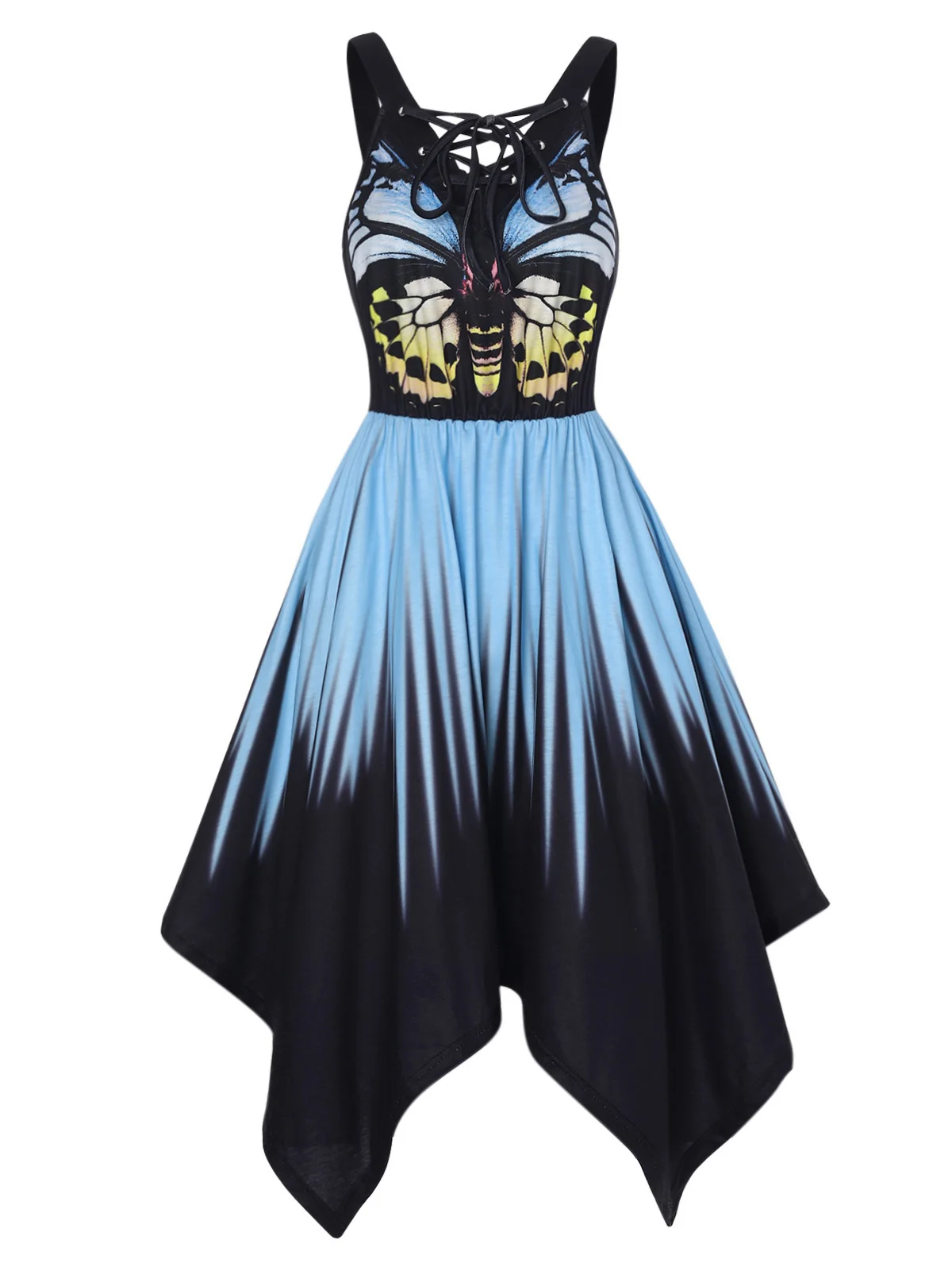 

Sleeveless Bohemian Contrast Colorblock Vestido Feminino Butterfly Print Handkerchief Lace Up Midi Dress