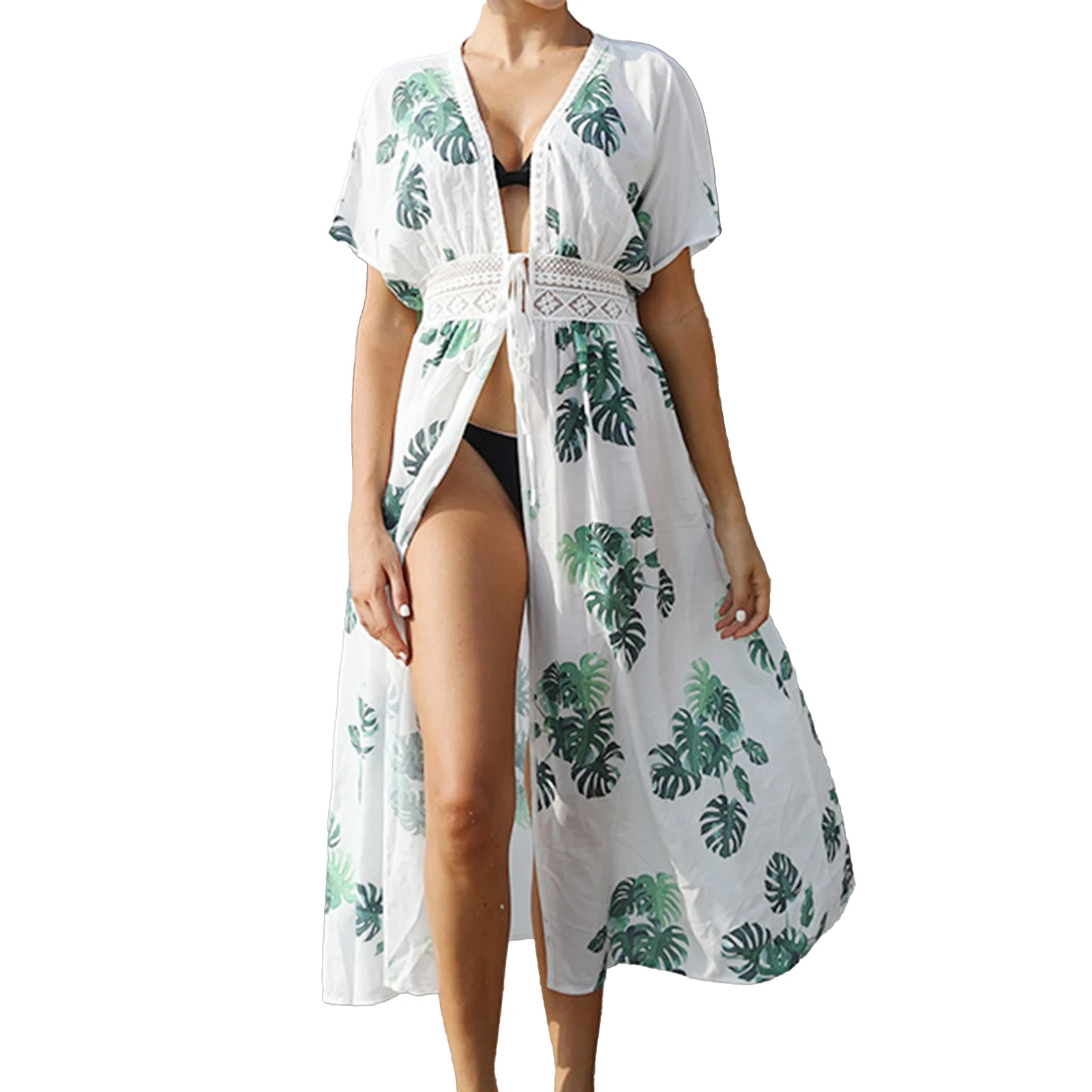 Women Short Sleeve Swimsuit Cover Up Breathable Adjustable Outdoor Summer Beach With Drawstring Sexy Long Bathing Deep V Neck
