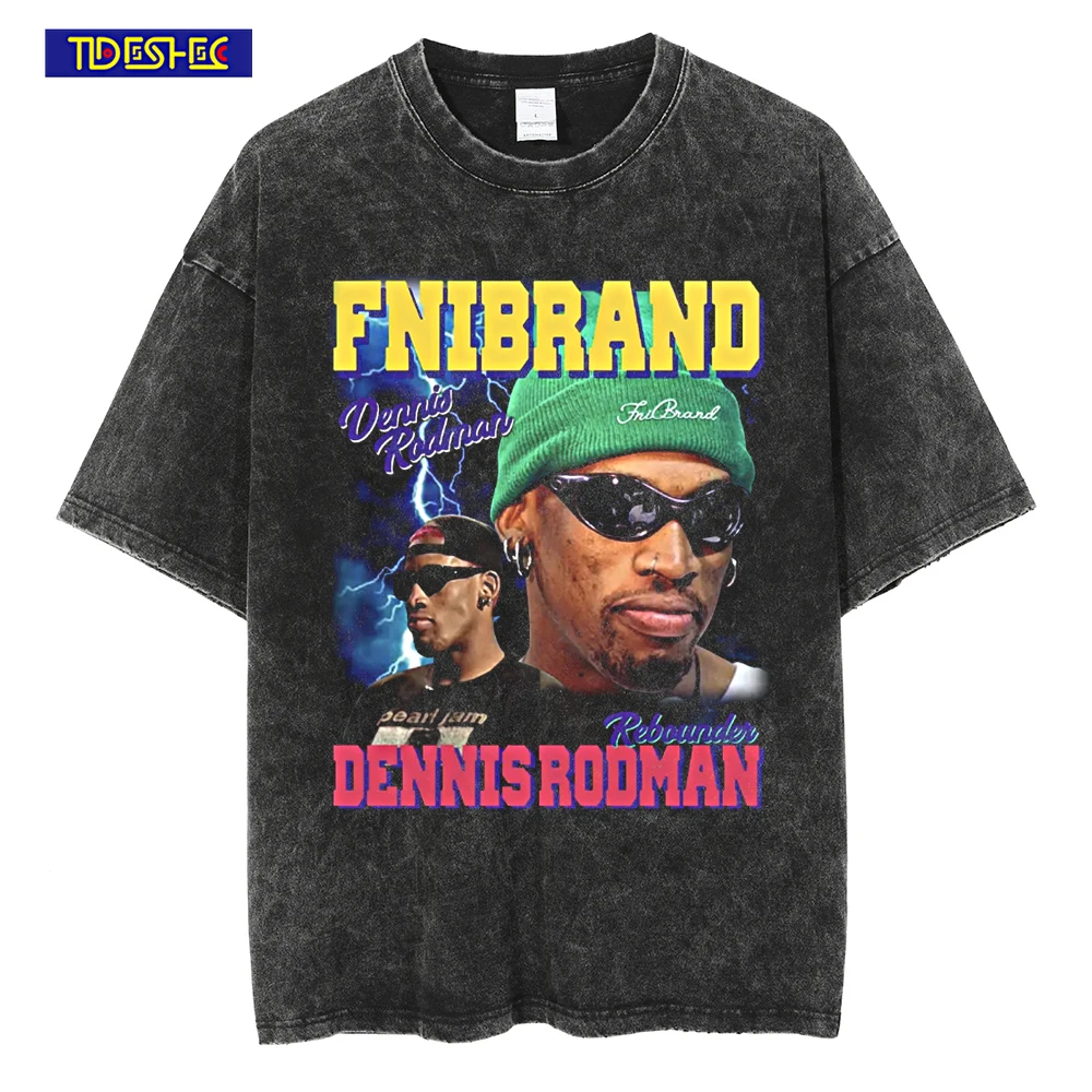

Hip-Hop Streetwear Retro Tshirt Men Oversize Dennis Rodman Graphic T Shirt Cotton Vintage Tshirt Washed Short Sleeve