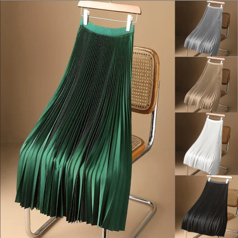 

Casual Solid Color Satin Pleated Skirt Fashion Loose Office Lady Skirt Summer All-match Elastic Waist Skirt Faldas Elegant 26137