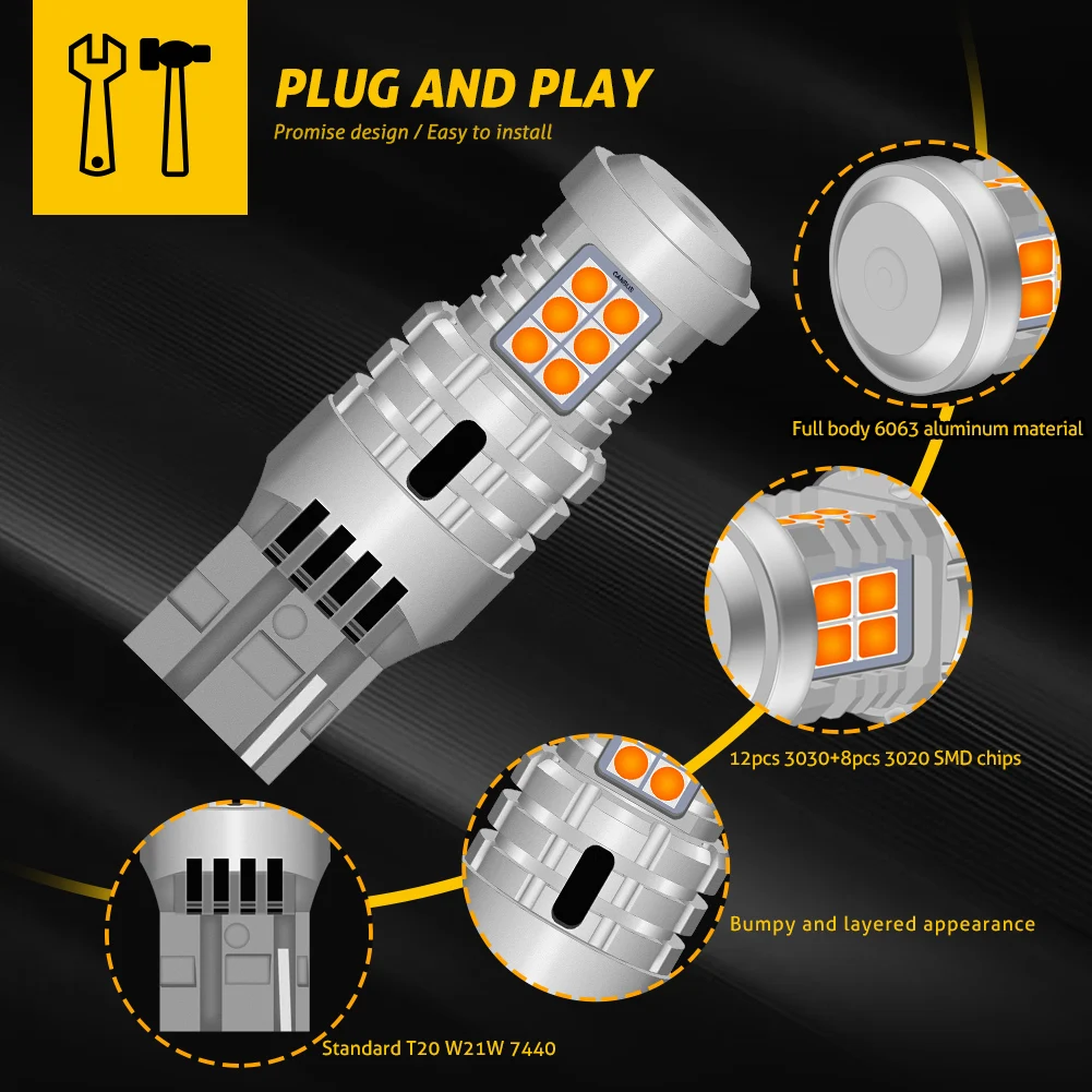 2 шт. T20 WY21W светодиодный CANBUS янтарный без гипервспышки 7440 W21W светодиодная лампа