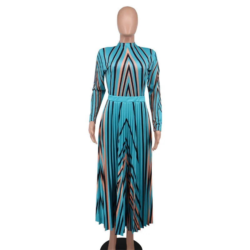 Plus Size Dress Women's Long Sleeve Print Pleated Skirt Spring Lady OL Commuter Loose Large Fashion High Waist Elegant Dresses