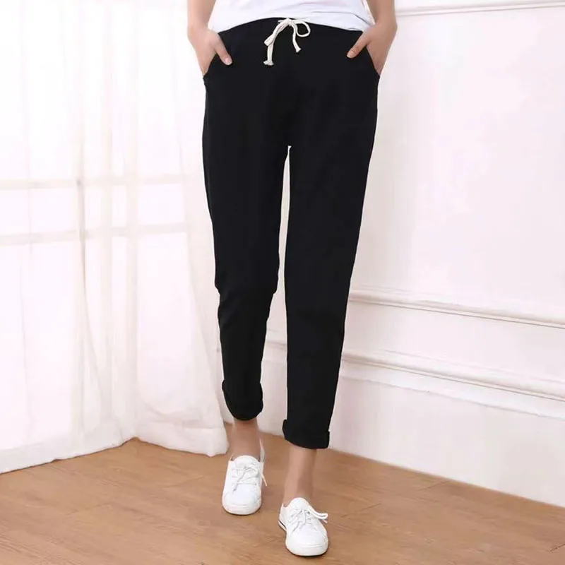 Брюки Lucyever женские хлопково-льняные однотонные свободные шаровары с поясом на