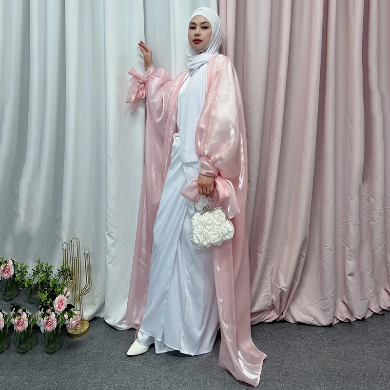 Ramadan Eid Open Abaya Kimono Summer Turkey Abayas for Women Satin Puff Sleeve Muslim Long Hijab Arabic Dress Islam Dubai Kaftan