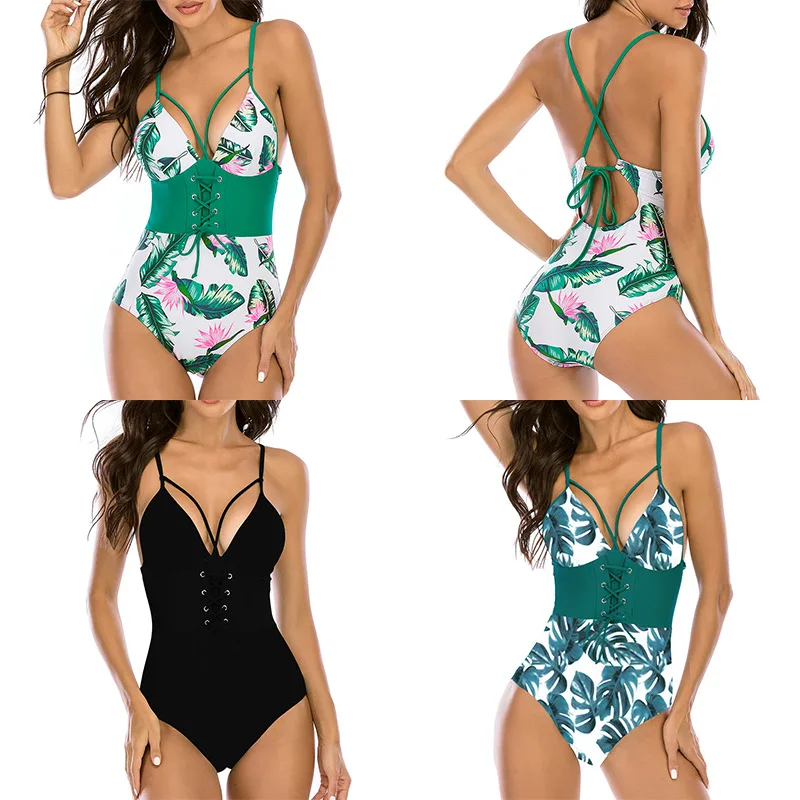 

New Lace Up One Piece Swimsuit Temperament Swimsuit S-XL V Neck Bikini Swimsuit Bathing Suit Women