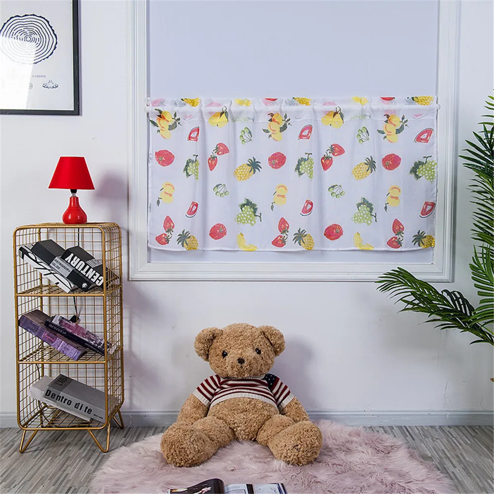 

Modern Kitchen Window Fruit Pattern Short Tulle Curtain Cross Texture Cotton and Linen Sheer Half Curtain For Porch Cabinet