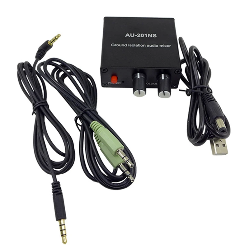 

AU-201NS 2 Channel Audio Mixer Distributor DC5V Ground Noise Lsolatioh 2 In 2 Out Mixer Supports Headset Calls US Plug