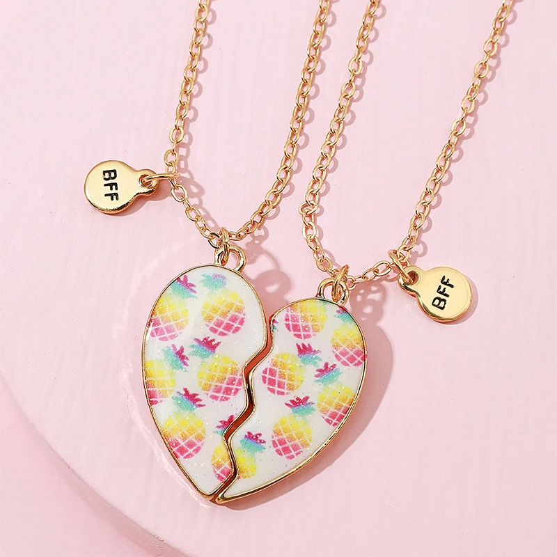 

2pack Fashion Girl Best Friends Pineapple Pendant Necklaces Broken Heart Chain Necklace Gift Friendship Jewelry