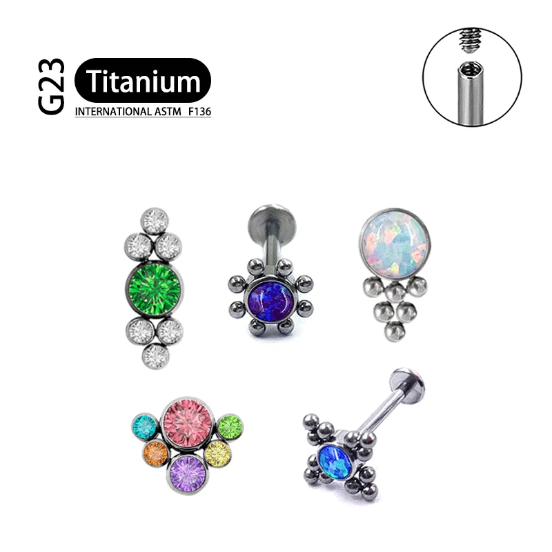 

Titanium G23 Internal Thread Bezel Zircon Opal Curved Cluster Labret Tragus Lip Rings Studs Helix Earring Piercing Jewelry