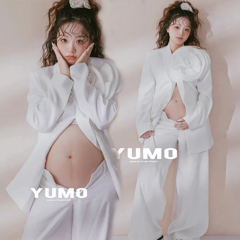 Enlarge Women Photography Props White Suits Maternity Full Sleeves Blazer with Big Flower Pants 3pcs Pregnancy Studio Shooting Clothes