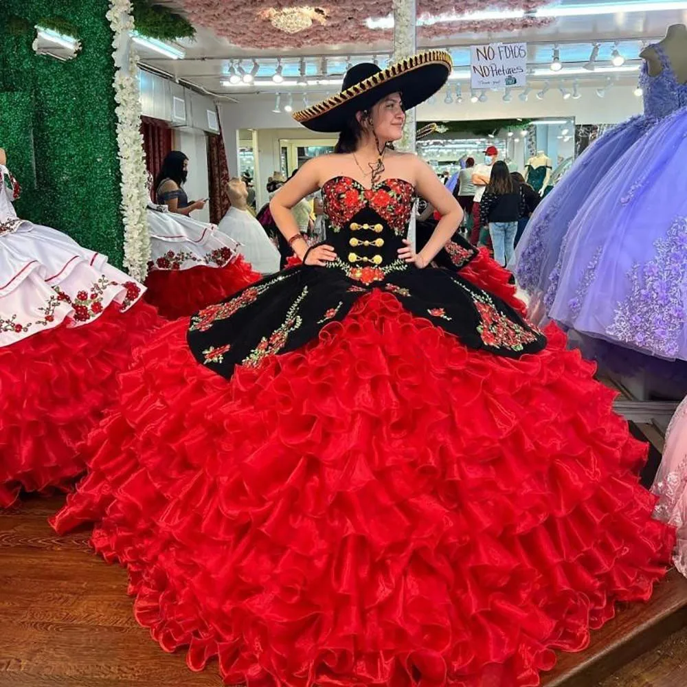 

Mexican Charro Quinceanera Dresses Black And Red Ruffle Organza Ball Gown Prom Sweet 15 Dress Tiers Skirt Corset Vestido 16 Anos