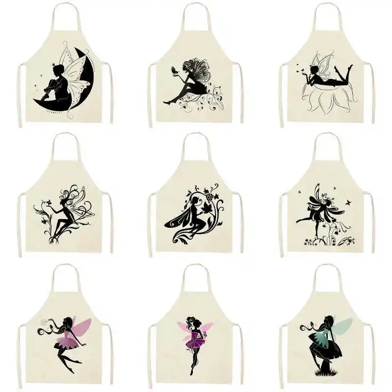 

1Pcs Flower Fairy Pattern Kitchen Cooking Apron Ladies Linen Print Sleeveless Apron Mens Womens Household Cleaning Tools Tablier