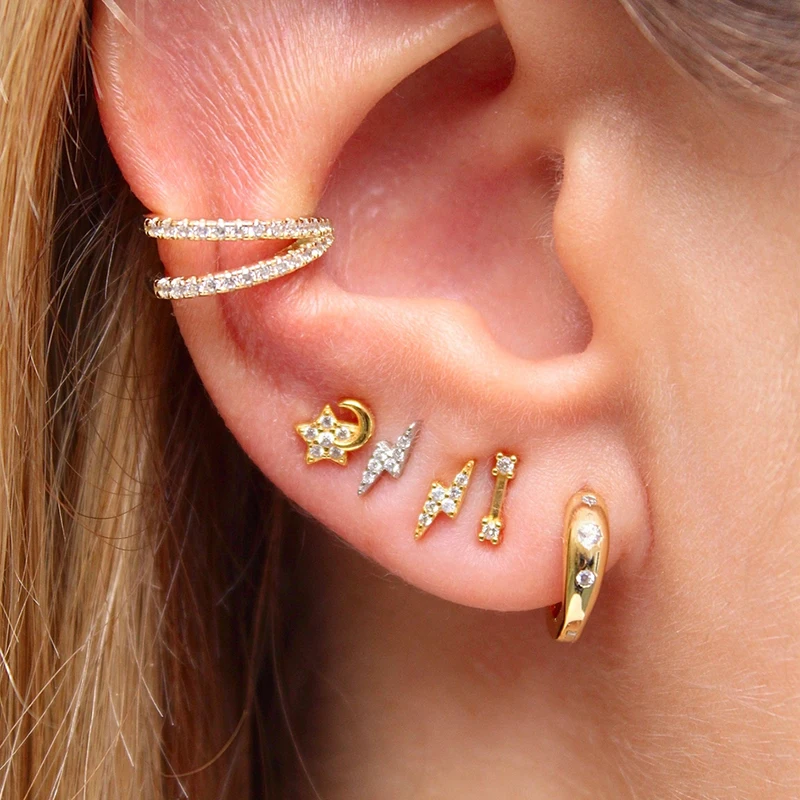 New Design Stainless Steel Cubic Zirconia NOVA Lightning Studs Earring For Women Star Moon Cartilage Earring Piercing Jewelry