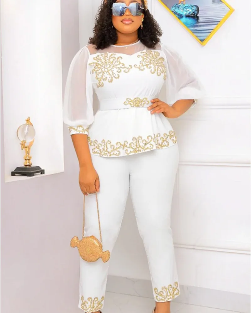 Plus Size Sets Solid Half Sleeve O-Neck  Bubble Sleeve Slim Fitting Suit Plus Size Two Piece Sets Office Lady Elastic Waist