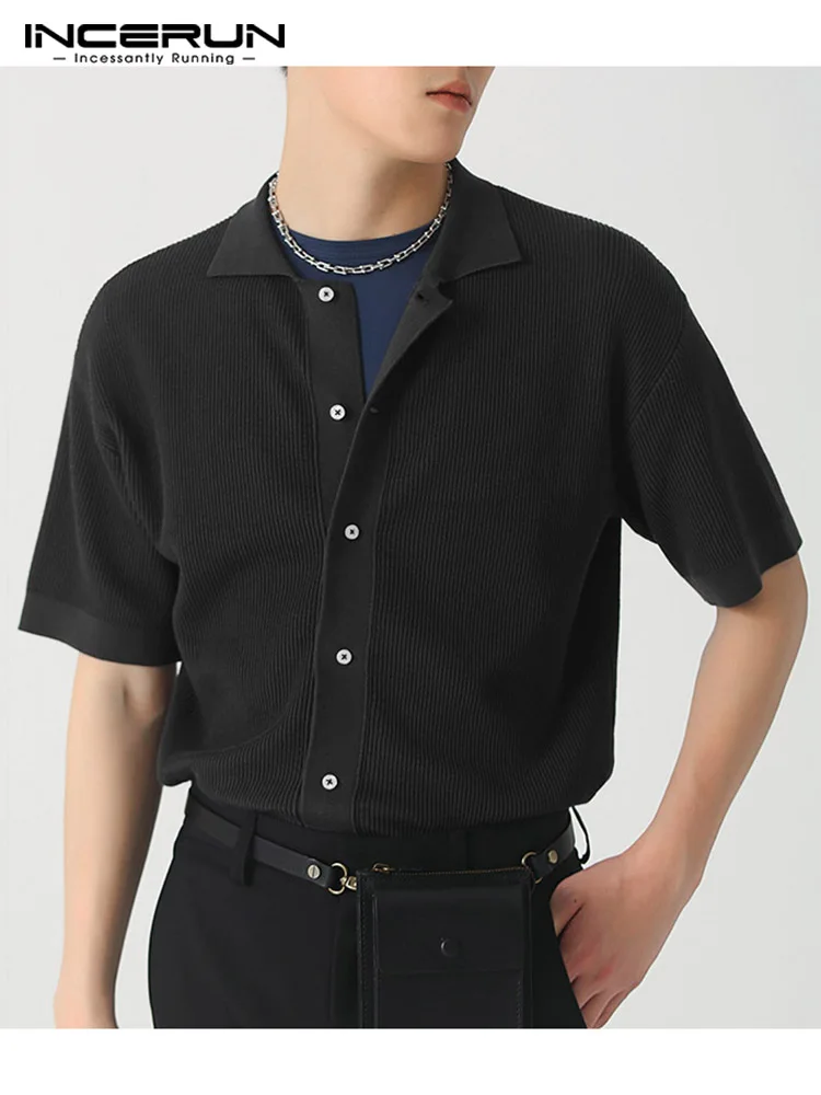 

INCERUN Men Casual Shirt Solid Color Lapel Short Sleeve Streetwear Button Knitted Leisure Men Clothing 2022 Korean Shirts S-5XL