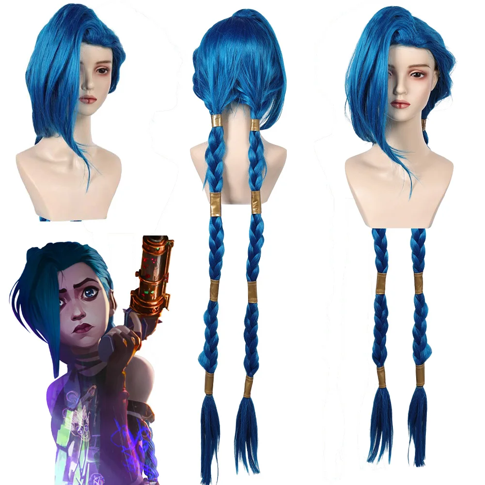 Игра LOL Jinx парик для косплея длинные плетеные синие термостойкие синтетические