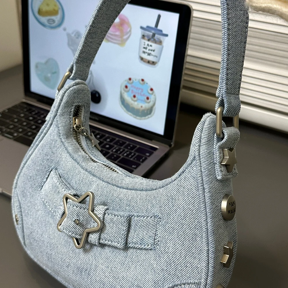 Y2K New Star Underarm Bag Vintage Leather Denim Zip Handbag Casual Versatile Cute Girl Women One Shoulder Backpack Accessories