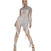 grey striped printing fringe tassel bodysuit long sleeve performance suit tights jumpsuit womens party clothing stage wear lady