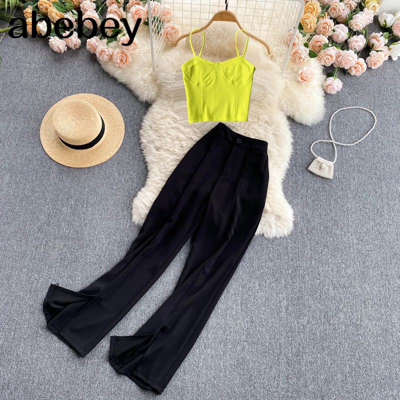 

Women Summer Korean Fashion Solid Set Sexy Sleeveless Strap Short Tops+High Waist Wide Leg Long Pants Two Piece Suits
