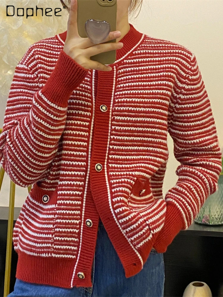 

Loose Women's Fall Clothing Stripes Red Knitted Jumper 2022 Autumn New Gentle All Match Single-breasted Knitted Cardigan Female