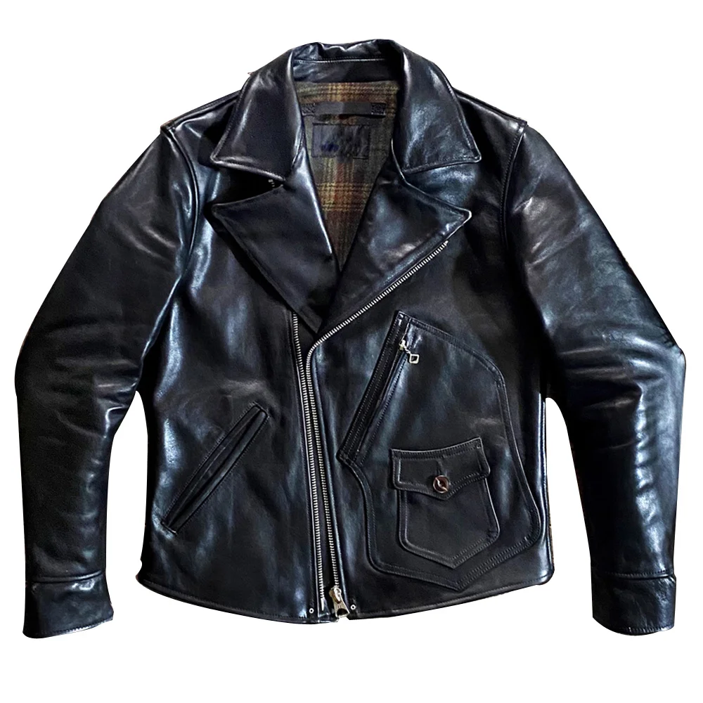 

Мужская короткая мотоциклетная куртка из натуральной воловьей кожи на молнии