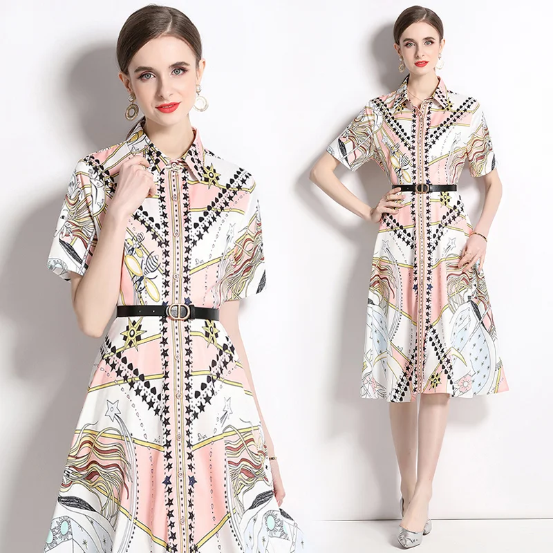 

Women's Spring and Summer New High-end Temperament Polo Neck Short Sleeve Single Breasted Belt Slim Fitting Printed Shirt Dress