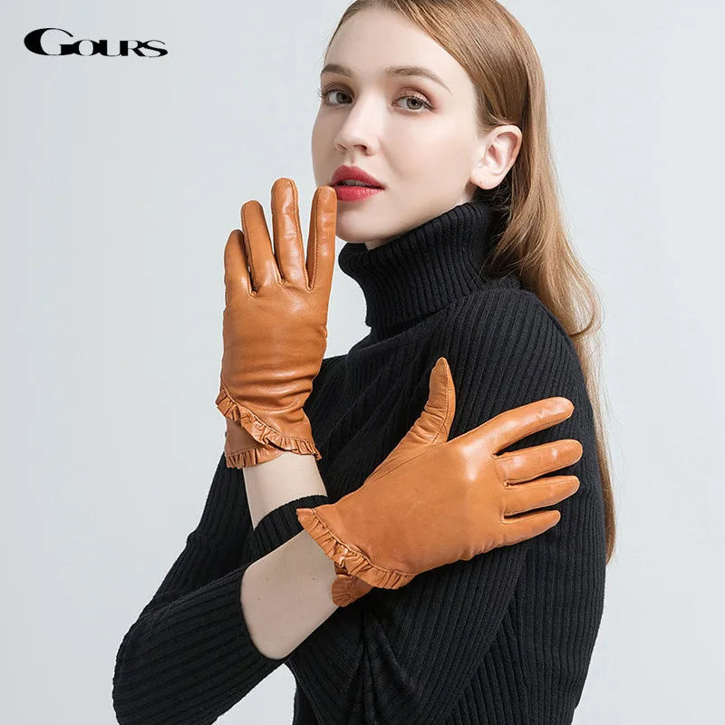 

GOURS Winter Real Leather Gloves Women Light Brown Genuine Goatskin Gloves Fashion Fleece Lined Warm Floral Border New GSL054