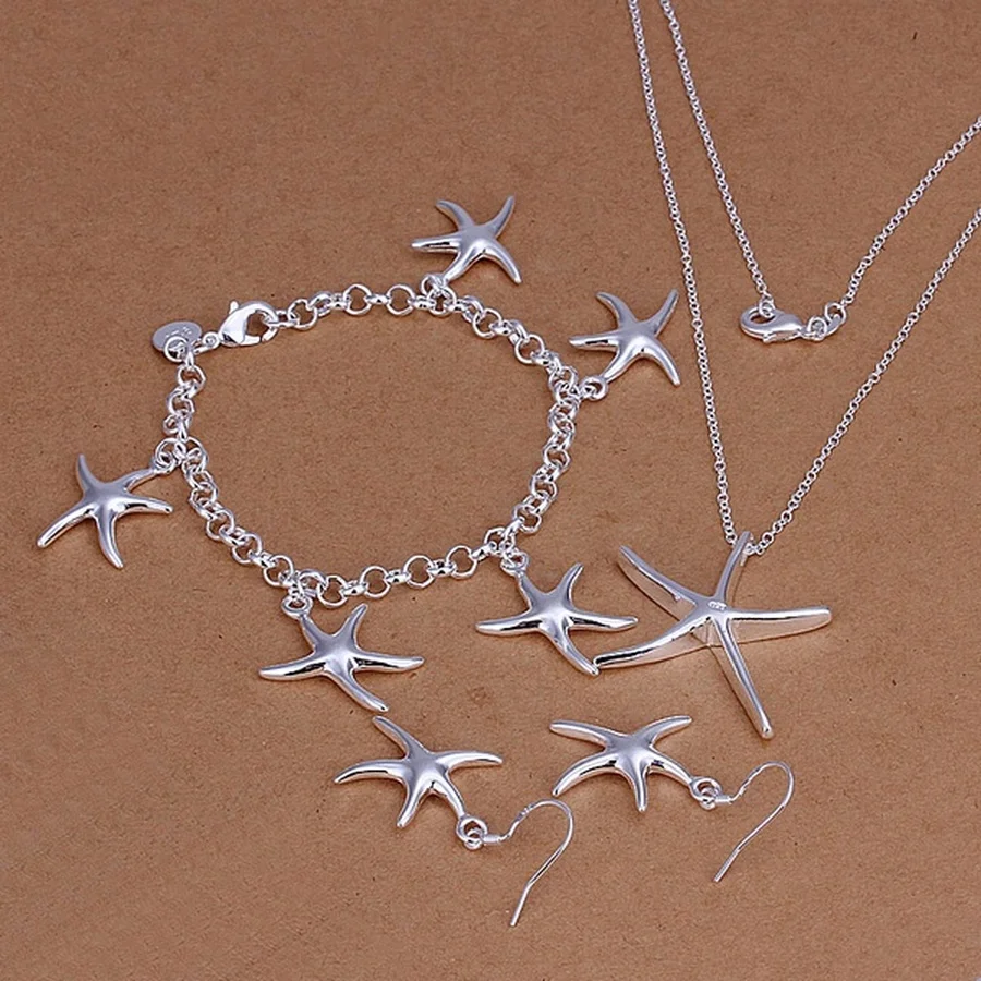 

Silver color jewelry sets Women lady party jewelry Starfish pendant necklace bracelets Earrings fashion wedding cute gifts