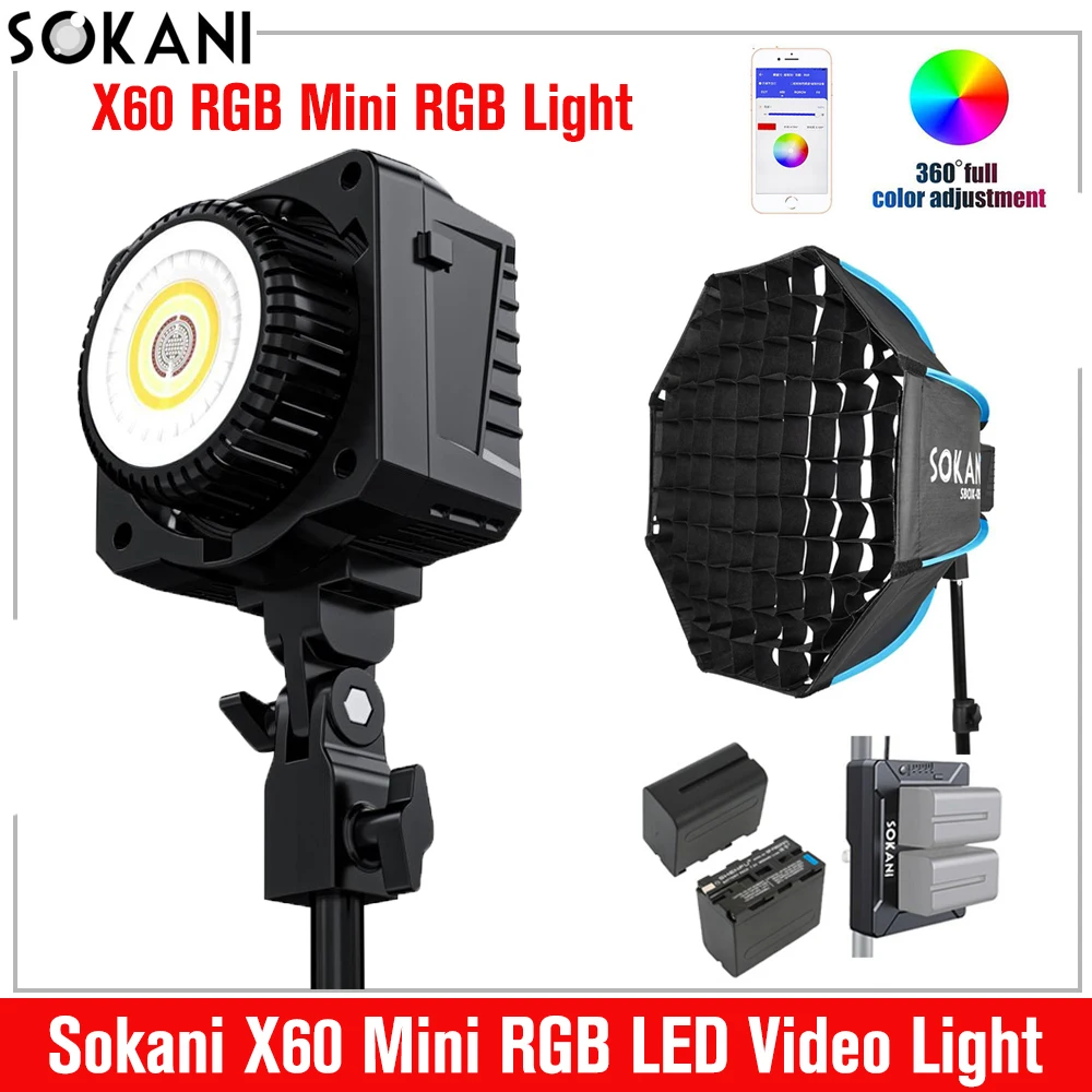 Sokani X60 Mini RGB фотография светильник 60W светодиодный Video светильник Bowens с управлением через приложение с восьмиугольной пластиной для софтбокса 55 см