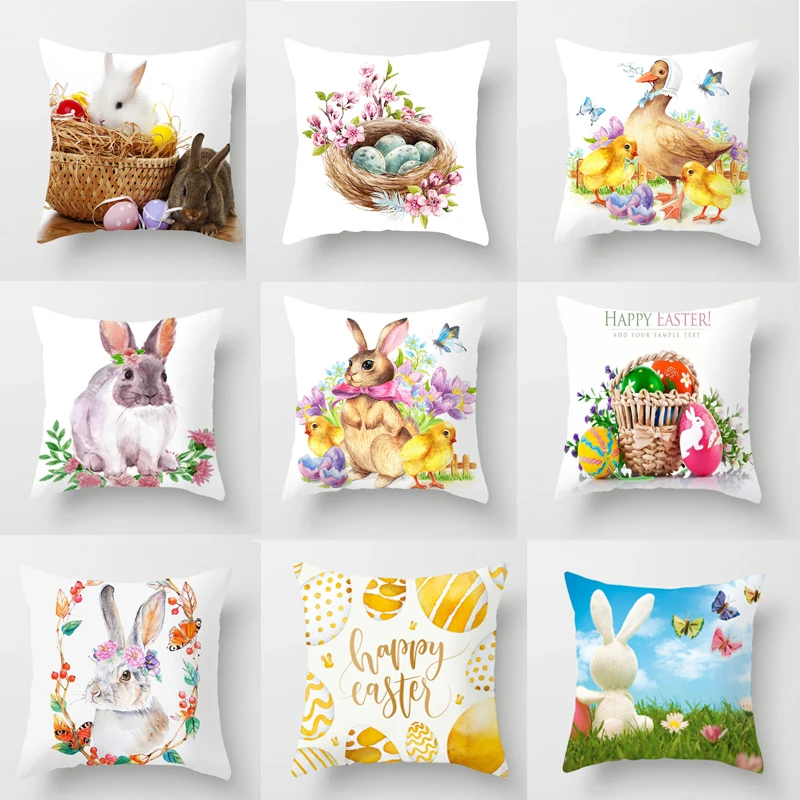 

Happy Easter Pillowcase Easter Decorations For Home Party Sofa Rabbit Bunny Eggs Polyester Pillow Cover 45*45cm