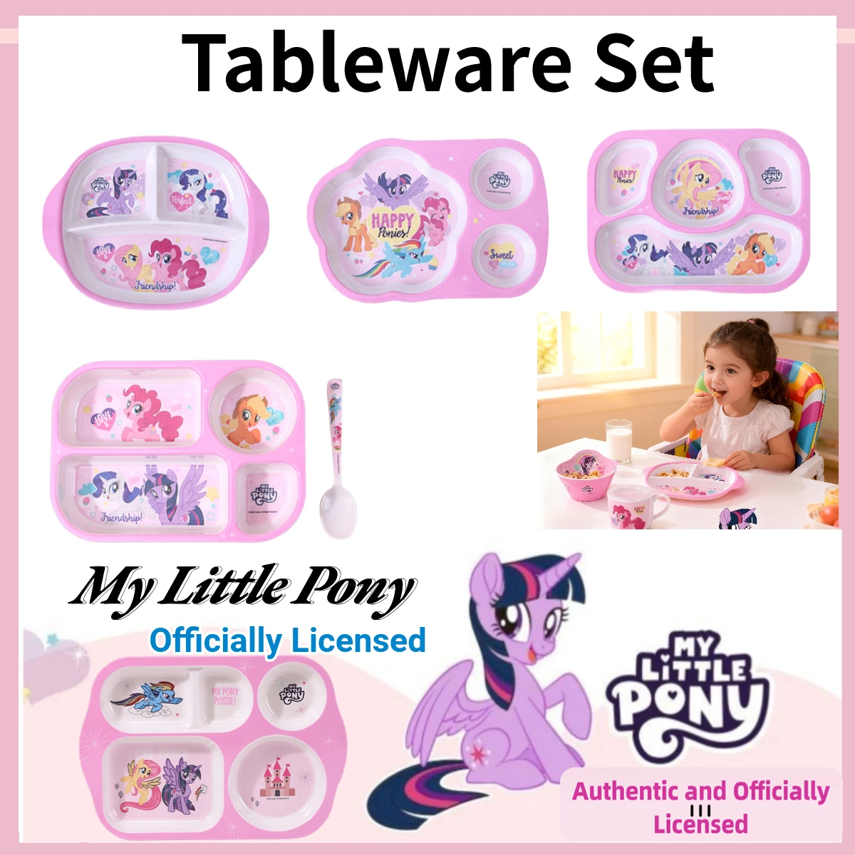 Фото Набор посуды My Little Pony для малышей, разделенная тарелка для кормления, небьющаяся тарелка с мультяшным рисунком, ложка, вилка, посуда для ужина, подарок для ребенка №1