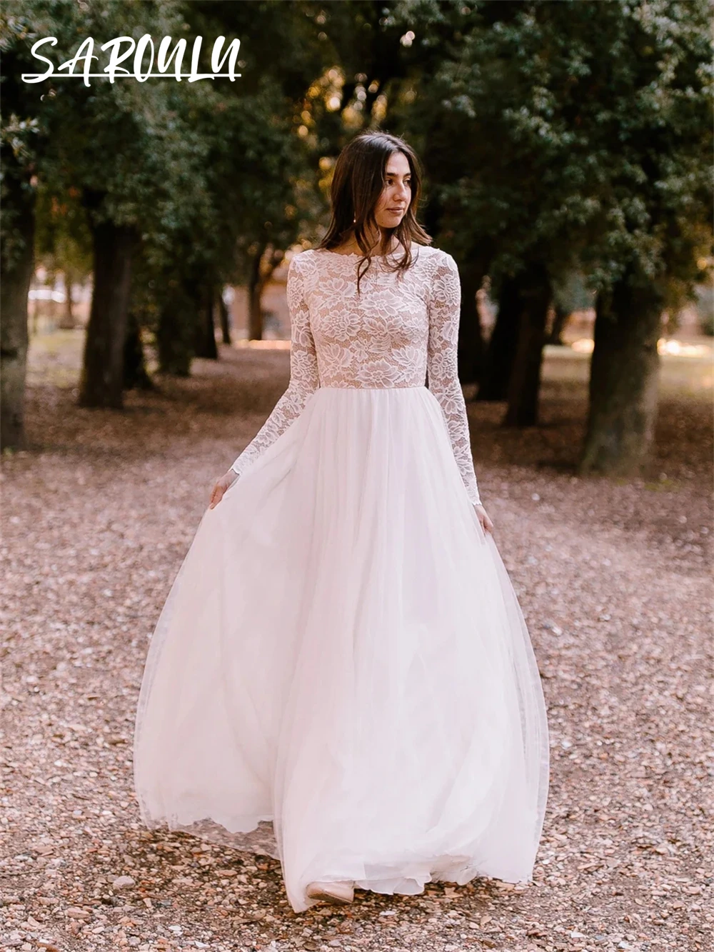 

Long Sleeve Bohemian A Line Wedding Dress Tulle Skirt Simple Beach Bride Dresses Lace Scoop Neck Bridal Gown Robe De Mariée