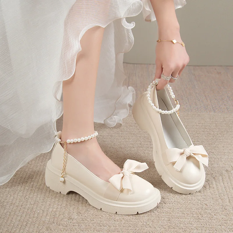 

2023 Women's New Fashion Summer White Thick Sole Round Head Bow Pearl Buckle Women's Shoes