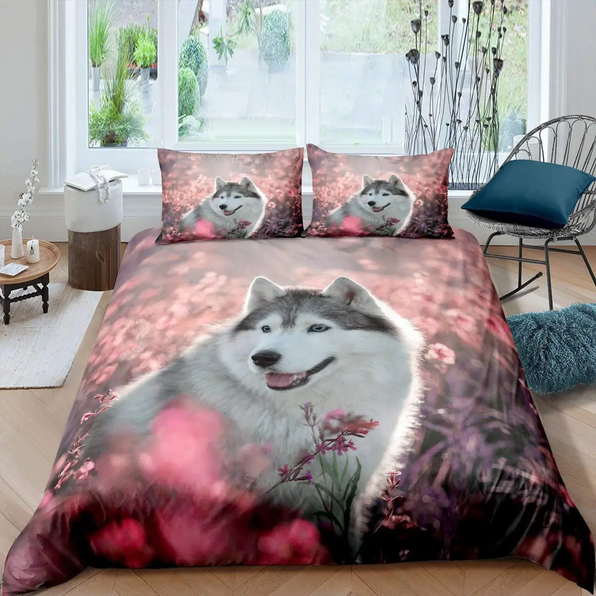 

Pup Dog Husky Puppy Pet Kids Lady Young Boy Girl Garden Flower Floral Jungle Duvet Cover Natural Scenery Cute Animal Room Decor