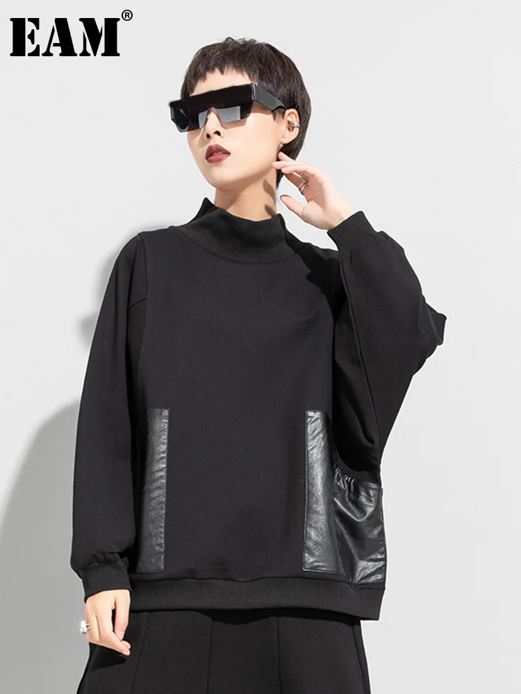 

[EAM] Loose Fit Black Pu Leather Sweatshirt New Turtleneck Long Sleeve Women Big Size Fashion Tide Spring Autumn 2023 1DF4776