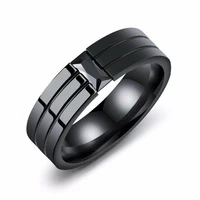 fashion black zircon stone ring for men women luxury double grooved stainless steel wedding engagement ring jewelry gift for him