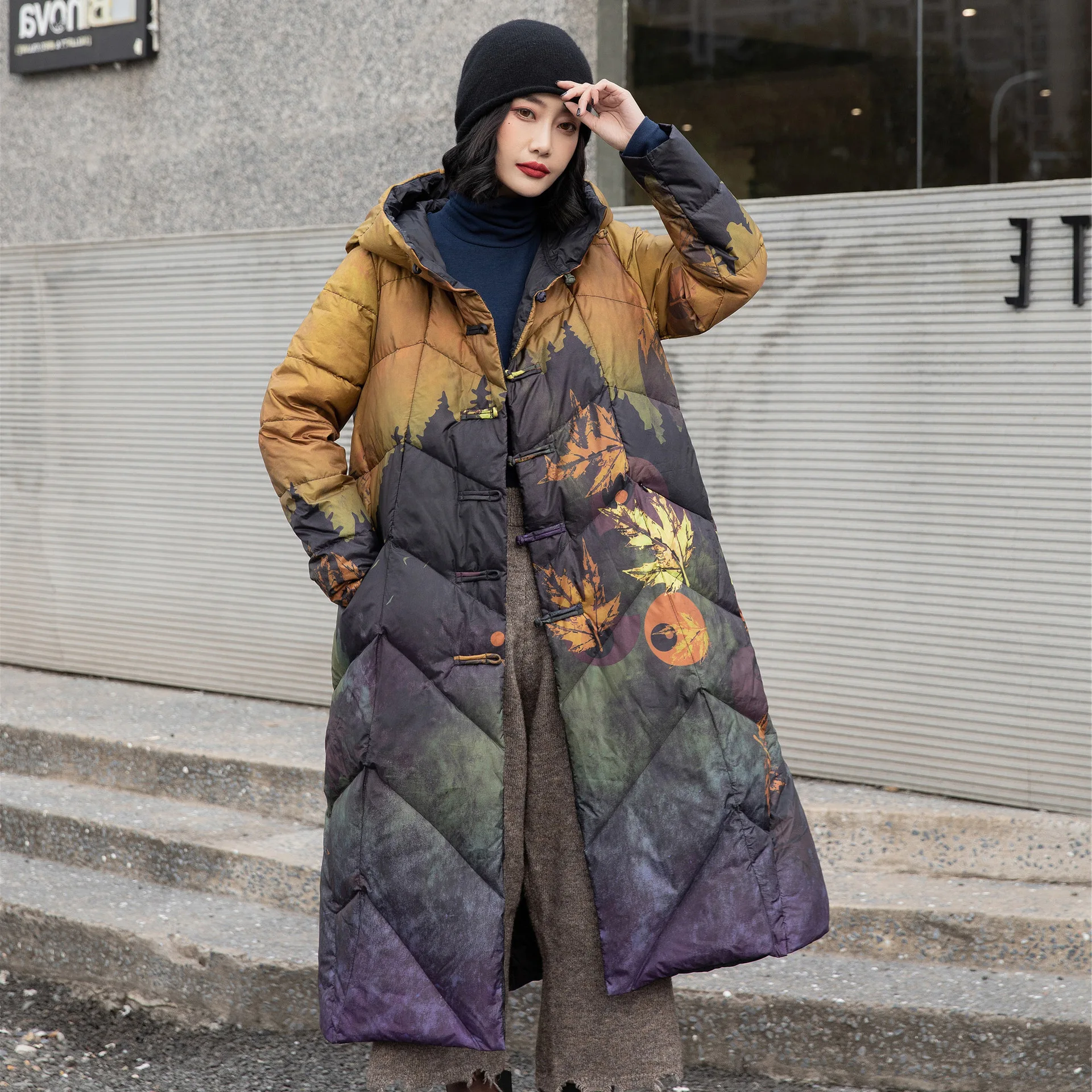 new national style down jacket women's middle and long knee length hooded white duck winter clothes with printed