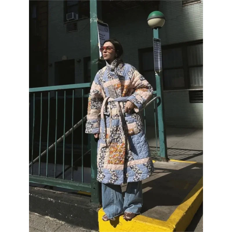 

Женское хлопковое пальто с поясом, утепленная куртка с длинным рукавом и цветочным принтом, зимняя модная уличная верхняя одежда, 2023