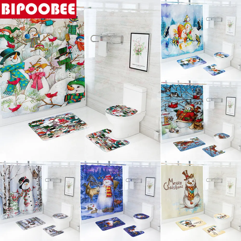 

Забавные рождественские шторы для душа с изображением снеговика, набор для ванной комнаты, праздничный декор, коврики для ванной, коврики, крышка для унитаза, нескользящий ковер