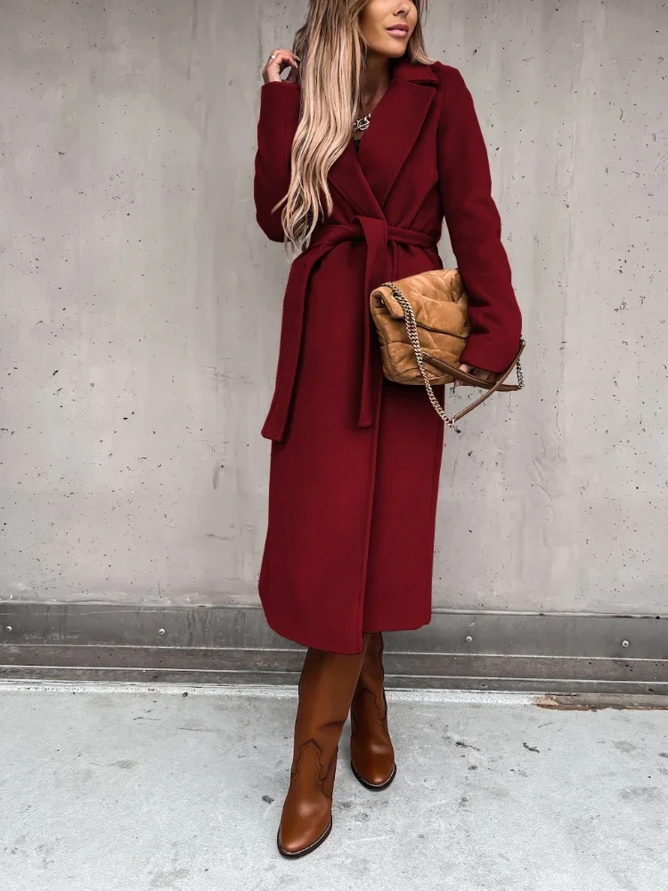 

Пальто женское с длинным рукавом, модная винтажная однотонная офисная Повседневная Свободная кофта оверсайз с поясом, Осень-зима