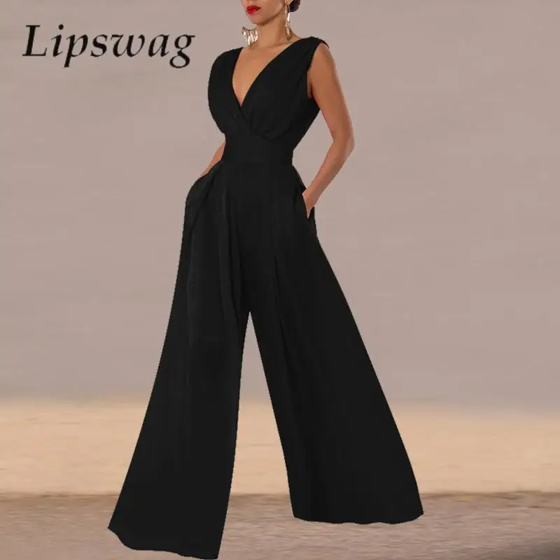 

Women Fashion V Neck Playsuit Overalls Lady Sexy Hight Waist Slim Pleat Wide Leg Jumpsuit Elegant Sleeveless Office Party Ropmer