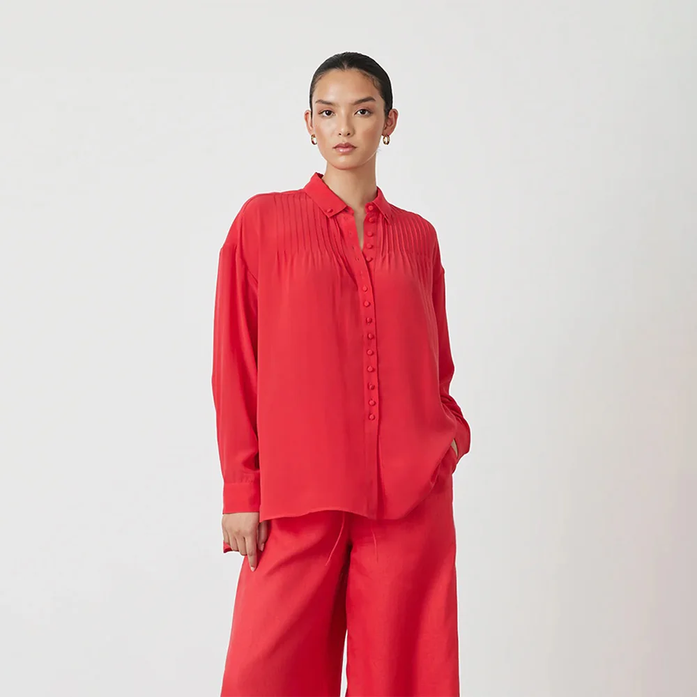 

Joslin Sandwashed Red Beating Stripe Shirt Heavyweight Silk ~ Australian Niche Designs SS23 High Minimalist Abstract Shirt