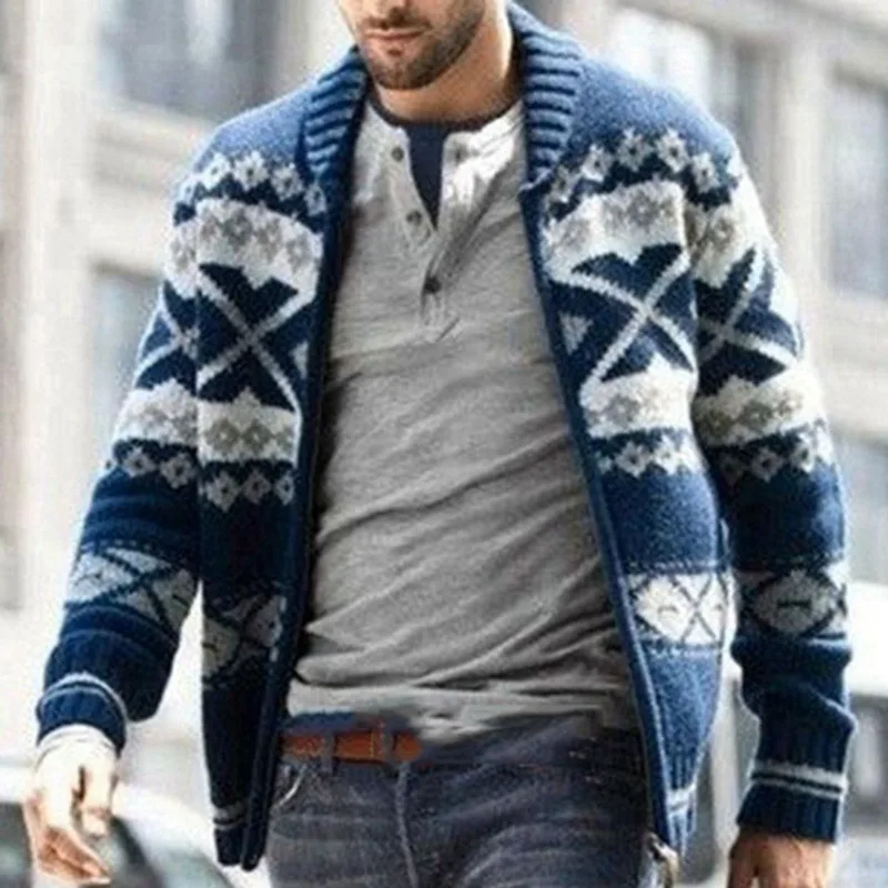 Autumn Winter Knitting Coat Sweater Men Slim-Fit Printed Cardigan Jacket Men Fashion Long Sleeve Zipper Turn-down Collar Sweater