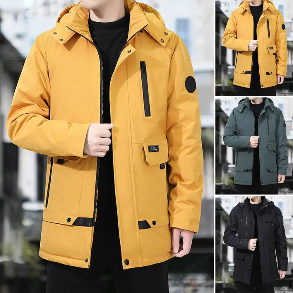 Winter Men Jacket Thicken Cotton Padded Long Sleeve Solid Color Plus Size Coat Loose Windproof Hooded Outwear Streetwear