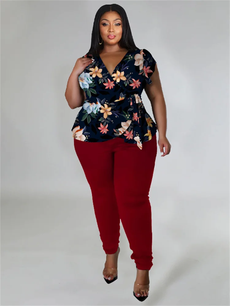 Plus Size Two Piece Outfits Pants Sets Women Summer Clothes Printed Top Solid Leggings Matching Wholes 3xl 4xl 5xl 6xl