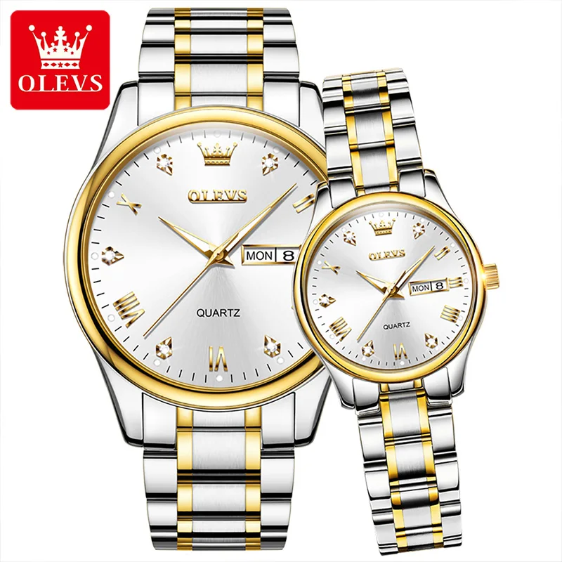 OLEVS 2022 New Couple Business HD Luminous Diamond Double Calendar 30M Waterproof  Stainless Steel Bracelet Quartz Watches 5563