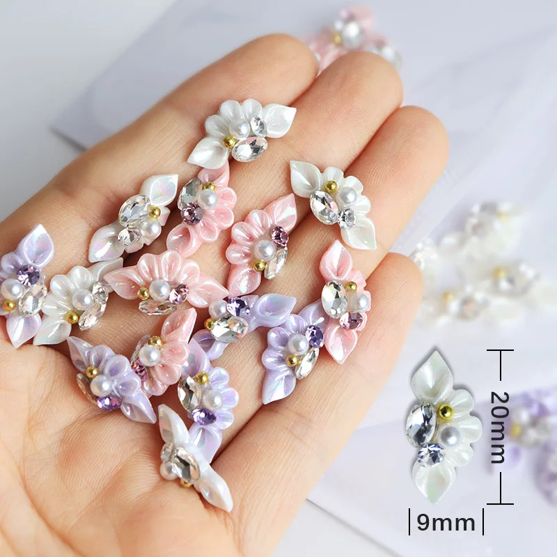

5Pcs 9x22mm Long Flower Design Nail Resin Charms Pearl Crystal Rhinestones Multi-Colors Nail Charms Ornaments For Manicure