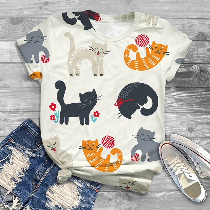 

Женская футболка в стиле Харадзюку, футболка оверсайз с круглым вырезом и коротким рукавом и принтом кошки, топы с графическим рисунком, Жен...