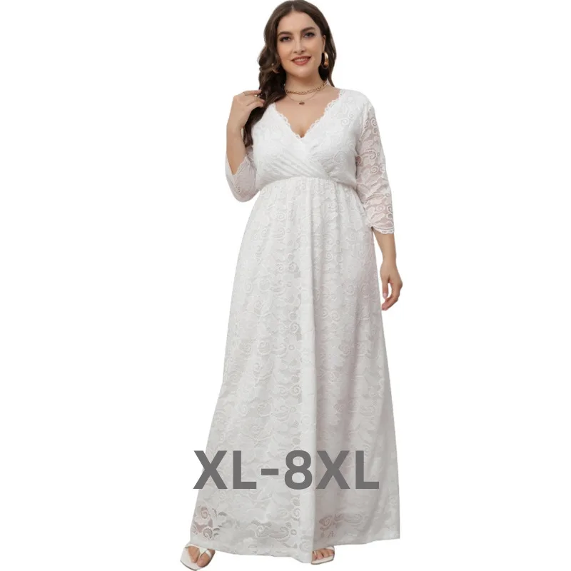

Plus Size Women's New Lace Dress Evening Dress v neck Long Dress 4XL 5XL 6XL 7XL 8XL