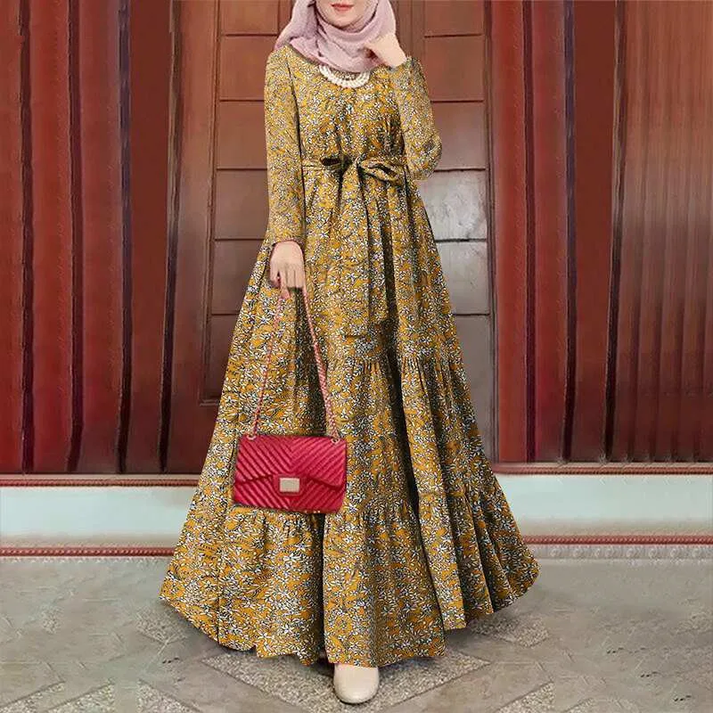 Spring Floral printed Women Dress Long Sleeve O-Neck Islamic Clothing Button Cuffs Kaftan Turkey  Casual Sundress  عباءات